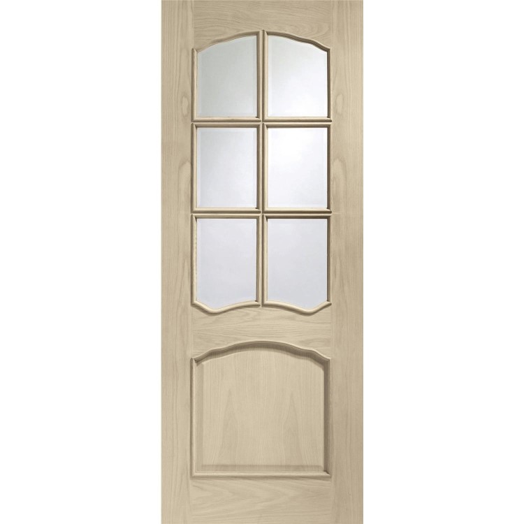 Internal Oak Riviera Door with Clear Bevelled Glass and Raised Mouldings - Unfinished, 1981 x 686 x 35 mm