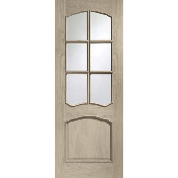Internal Oak Riviera Door with Clear Bevelled Glass and Raised Mouldings - Unfinished, 2040 x 726 x 40 mm