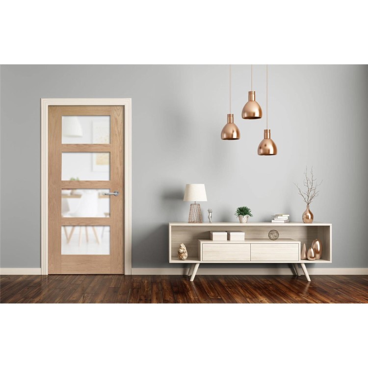 Internal Oak Shaker 4 Panel Door with Obscure Glass - Unfinished, 1981 x 610 x 35 mm
