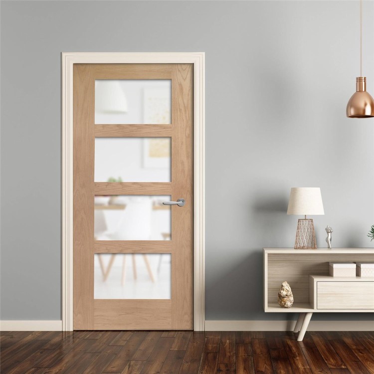 Internal Oak Glazed 4-Panel Shaker FD30 Fire Door with Opaque Glass - Unfinished - 1981 x 762 x 44mm - 4 Light - XL Joinery