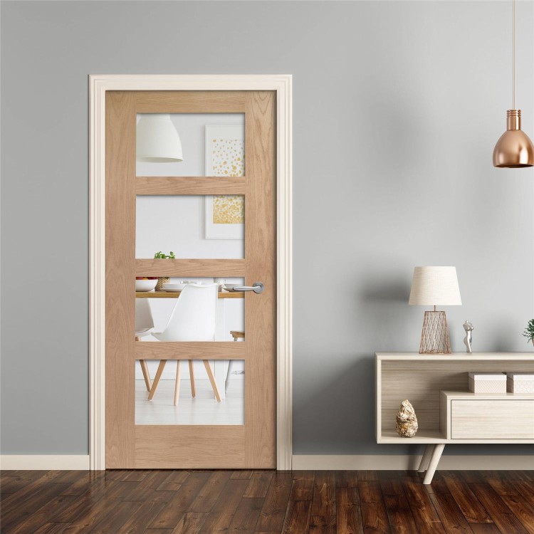 Internal Oak Shaker 4 Panel Door with Clear Glass - Unfinished, 1981 x 762 x 35 mm