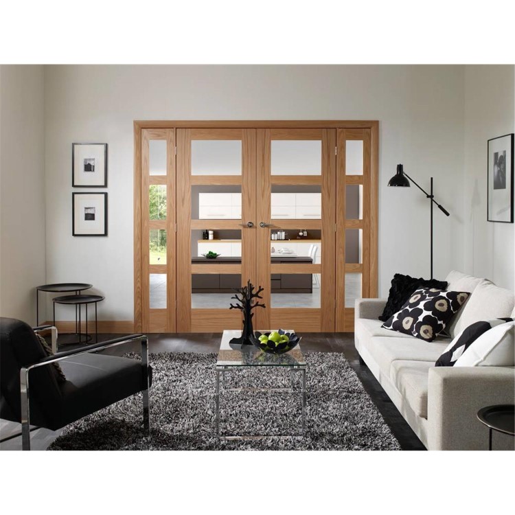 Internal Oak Glazed 4-Panel Shaker FD30 Fire Door with Clear Glass - Unfinished - 1981 x 838 x 44mm - 4 Light - XL Joinery