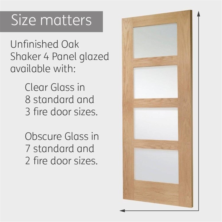 Internal Oak Glazed 4-Panel Shaker Door with Frosted Glass - Unfinished - 2040 x 826 x 40mm - 4 Light - XL Joinery