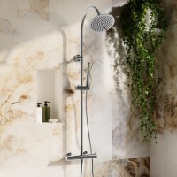 Chrome Thermostatic Mixer Shower Set with Rainfall-Style Curved Arm Hand Shower with Slide Rail Kit - Grace