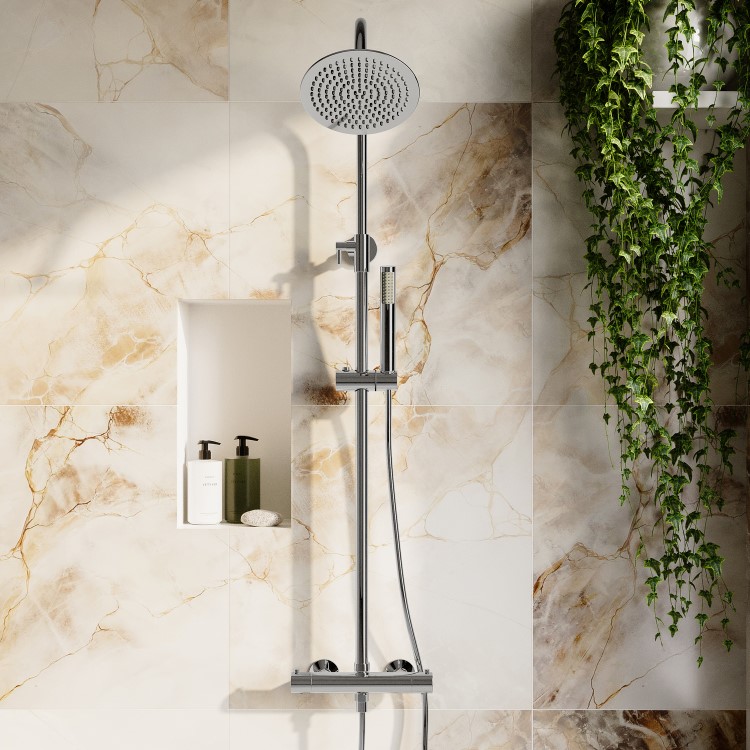 Chrome Thermostatic Mixer Shower Set with Rainfall-Style Curved Arm Hand Shower with Slide Rail Kit - Grace