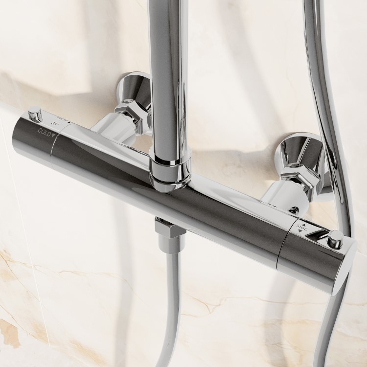 Chrome Thermostatic Mixer Shower Set with Rainfall-Style Curved Arm Hand Shower with Slide Rail Kit - Grace