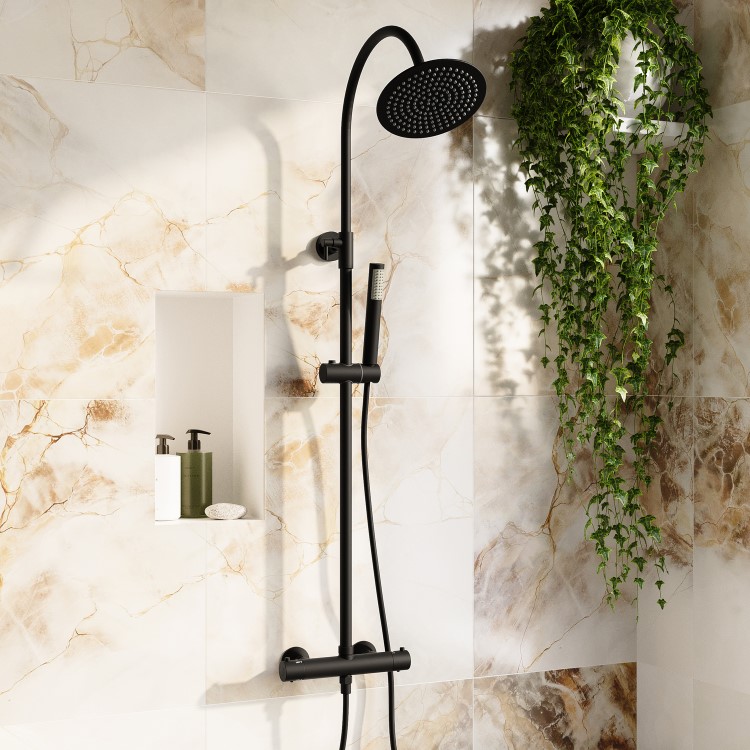 Black Thermostatic Mixer Shower Set with Rainfall-Style Curved Arm Hand Shower with Slide Rail Kit - Grace