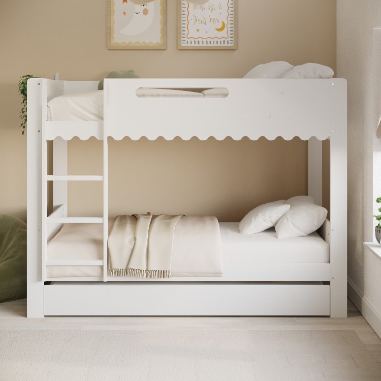 White Scalloped Triple Sleeper Bunk Bed with Trundle – Gracie
