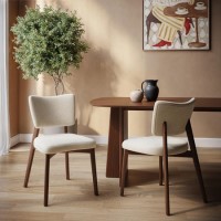 Set of 2 Beige Upholstered Dining Chairs with Walnut Legs - Greta