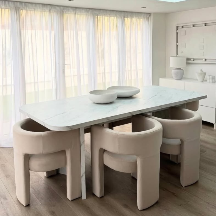 Beige Marble Effect Pillar Extendable Dining Table - Seats 6 - 8 - Geneva
