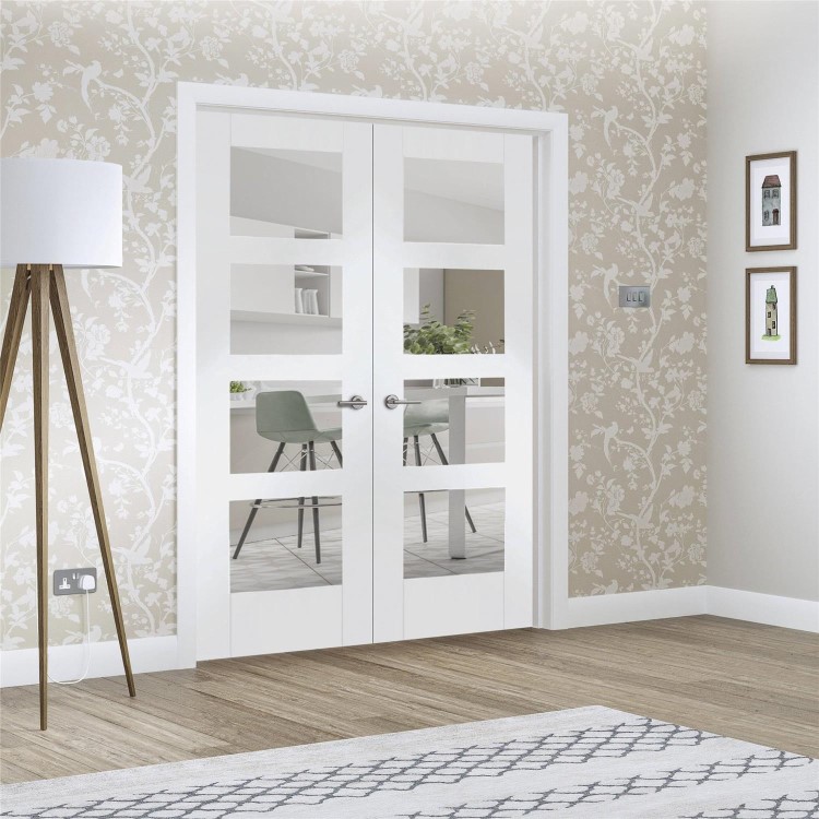 Internal White Primed Glazed 4-Panel Shaker French Doors with Clear Glass - 1981 x 1220 x 40mm - 4 Light - XL Joinery