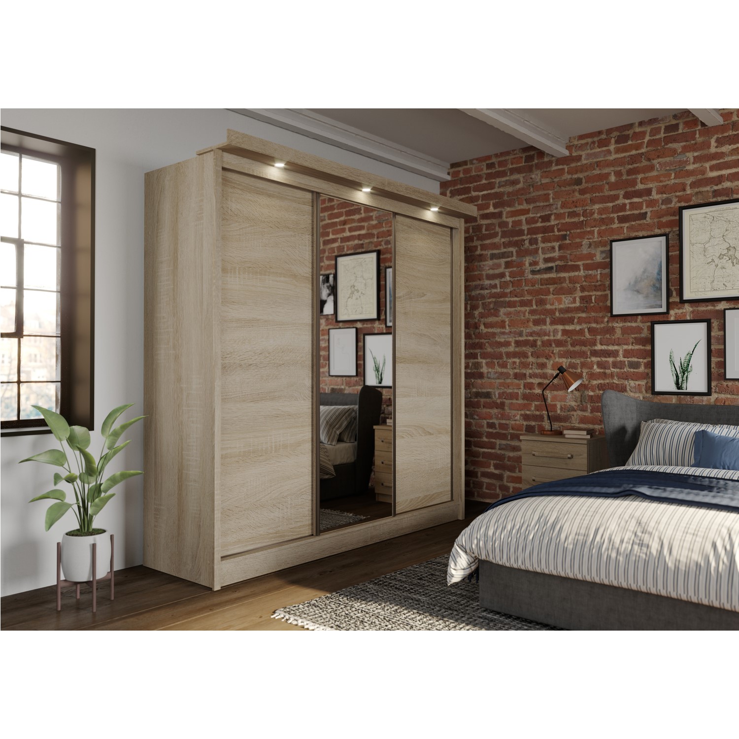 Evana Oslo Mirror And Oak Freestanding Sliding Wardrobe With
