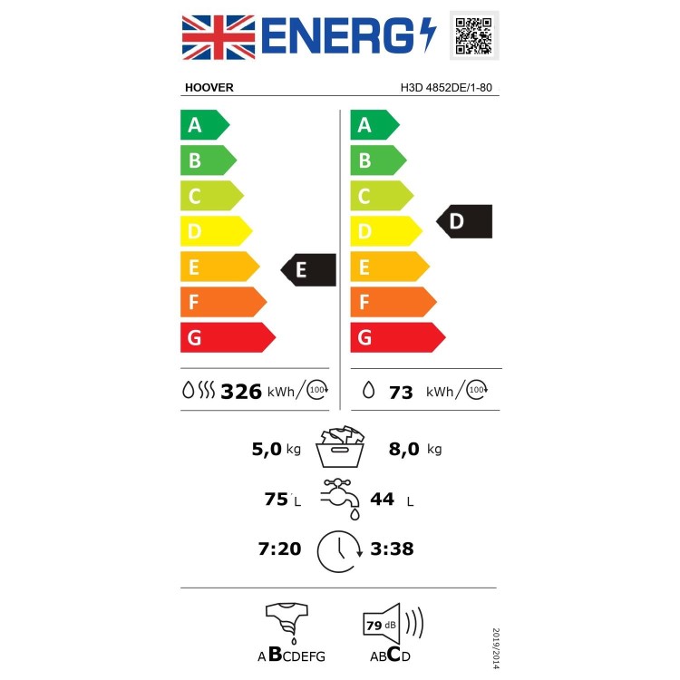 Refurbished Hoover H3D4852DE/1-80 Freestanding 8/5KG 1400 Spin Washer Dryer White