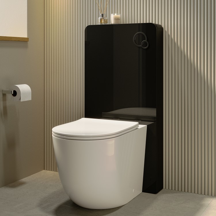 GRADE A1 - Black Glass Cabinet with Cistern & Pneumatic Dual Flush Button for Back to Wall Toilets - Hako