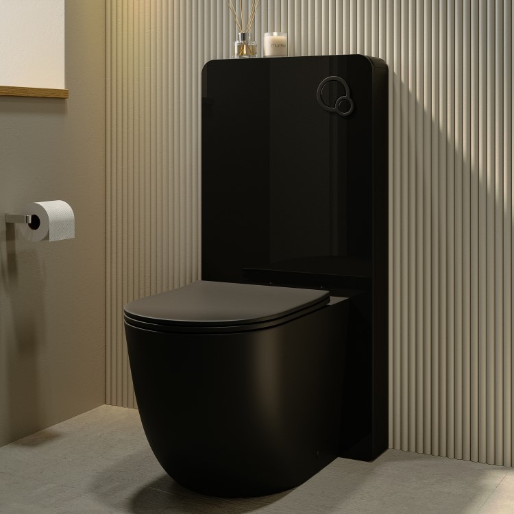 GRADE A1 - Black Glass Cabinet with Cistern & Pneumatic Dual Flush Button for Back to Wall Toilets - Hako