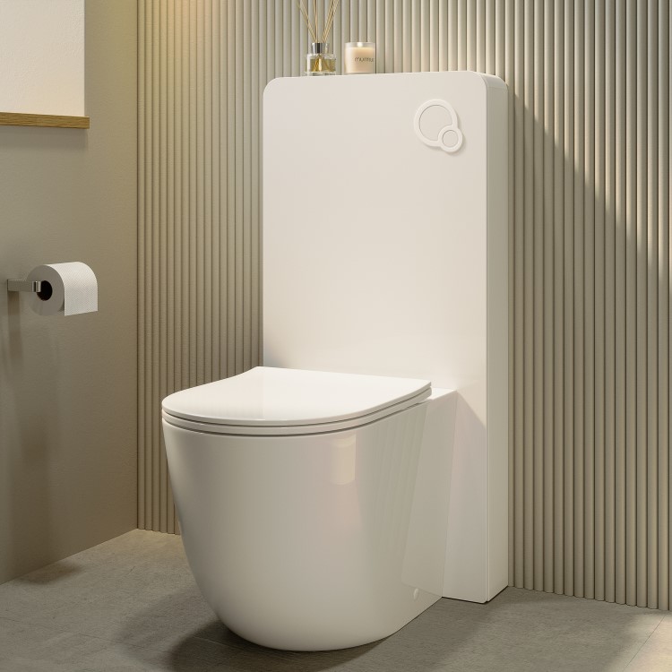GRADE A1 - White Glass Cabinet with Cistern & Pneumatic Dual Flush Button for Back to Wall Toilets - Hako
