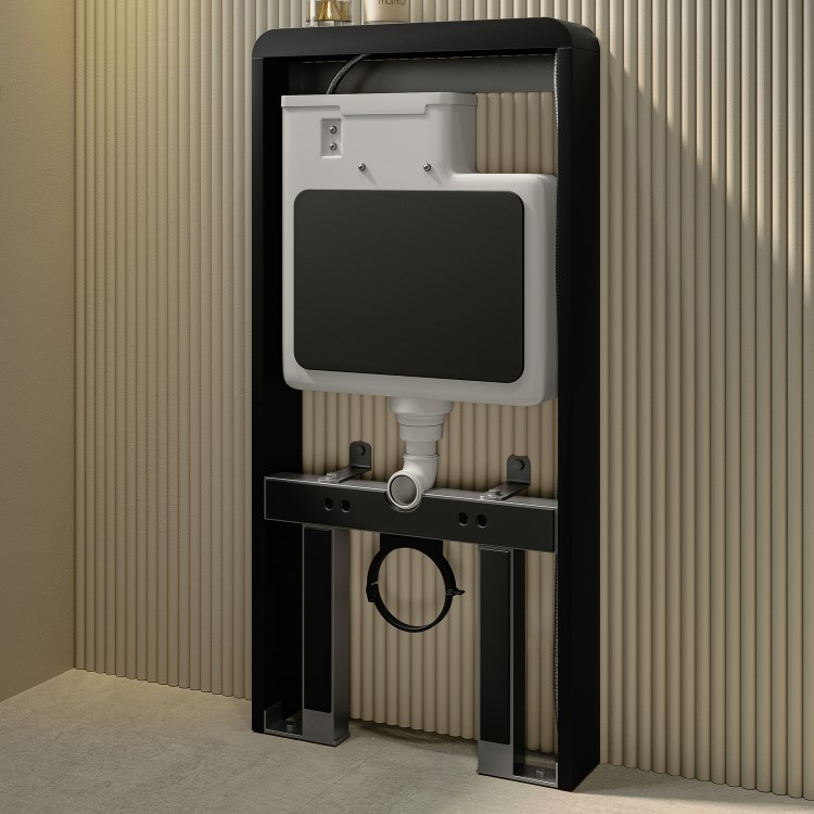 GRADE A1 - Black Glass Cabinet with Cistern, Frame & Pneumatic Dual Flush Button for Wall Hung Toilets - Hako