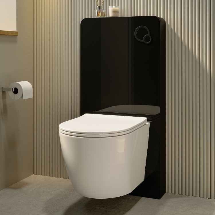 GRADE A1 - Black Glass Cabinet with Cistern, Frame & Pneumatic Dual Flush Button for Wall Hung Toilets - Hako