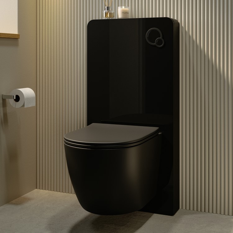 GRADE A1 - Black Glass Cabinet with Cistern, Frame & Pneumatic Dual Flush Button for Wall Hung Toilets - Hako