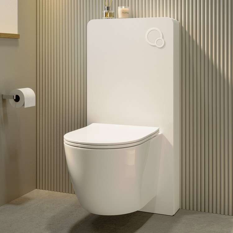 GRADE A1 - White Glass Cabinet with Cistern, Frame & Pneumatic Dual Flush Button for Wall Hung Toilets - Hako
