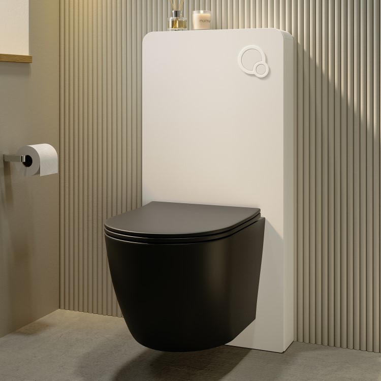 GRADE A1 - White Glass Cabinet with Cistern, Frame & Pneumatic Dual Flush Button for Wall Hung Toilets - Hako