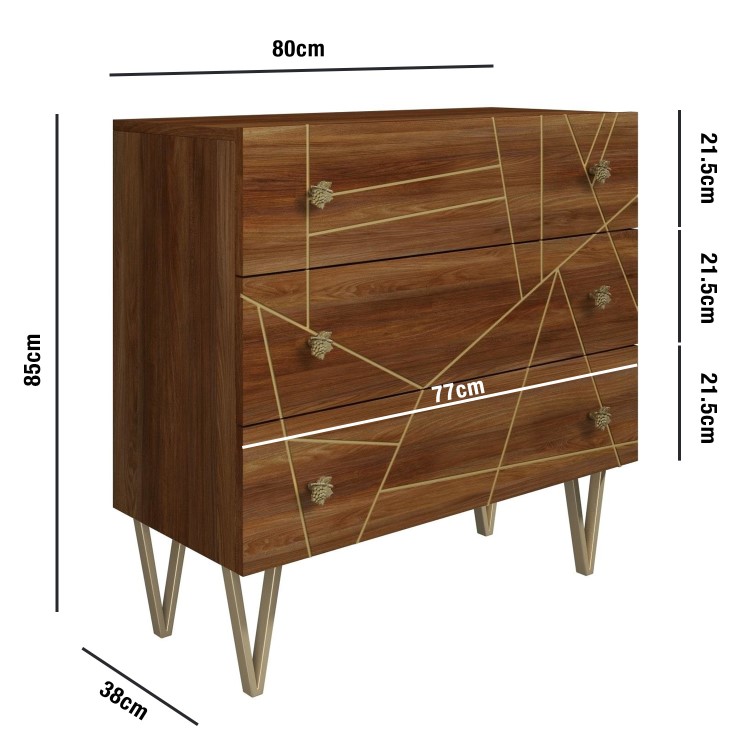 GRADE A1 - Halo 3 Drawer Chest of Drawers with Brass Inlay in Natural Honey 