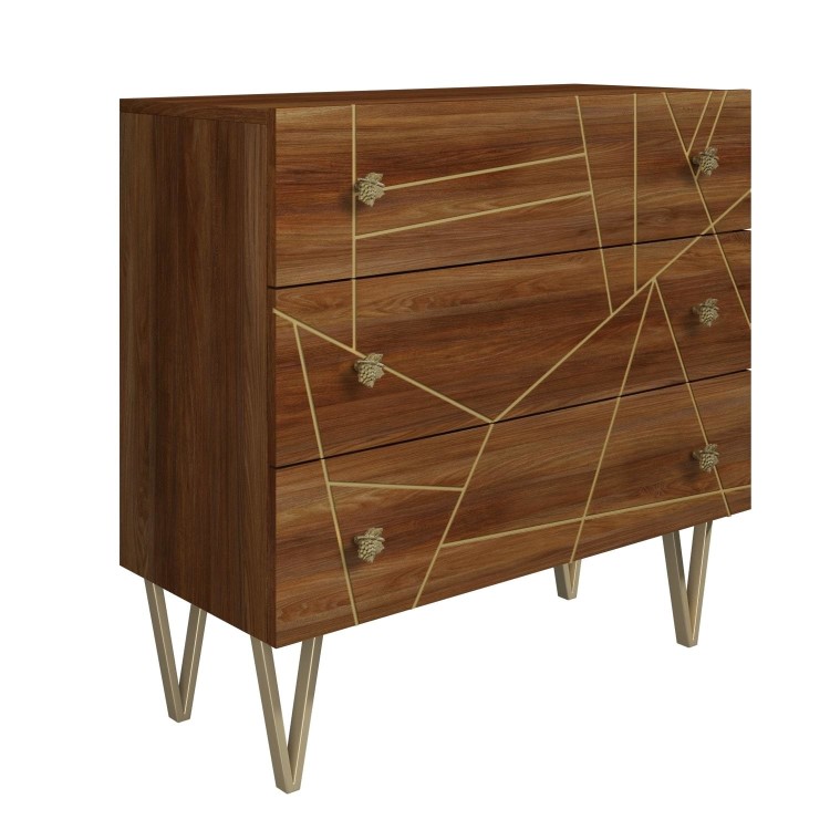 GRADE A1 - Halo 3 Drawer Chest of Drawers with Brass Inlay in Natural Honey 