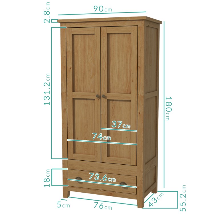 Harrington Solid Oak 2 Door 1 Drawer Wardrobe
