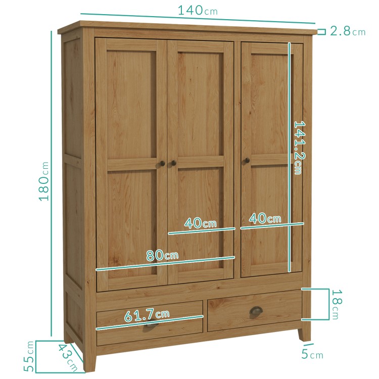 Harrington Solid Oak 3 Door 2 Drawer Wardrobe