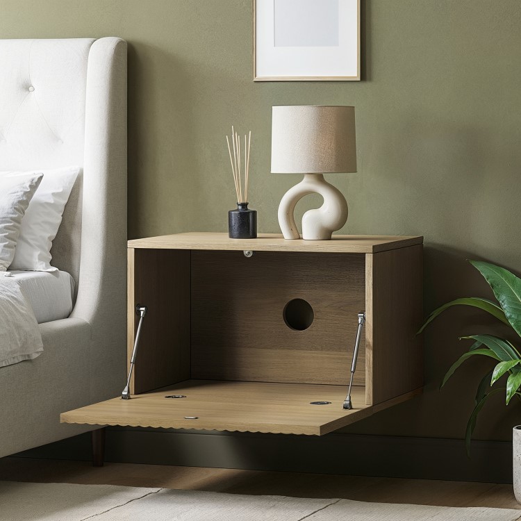 Wide Oak Floating Bedside Table with Storage - Hazel