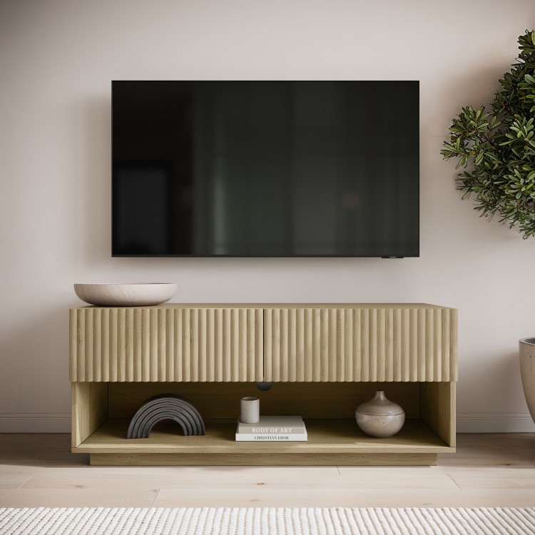 Small Oak Ribbed TV Stand with Storage - TV's up to 55" - Hazel