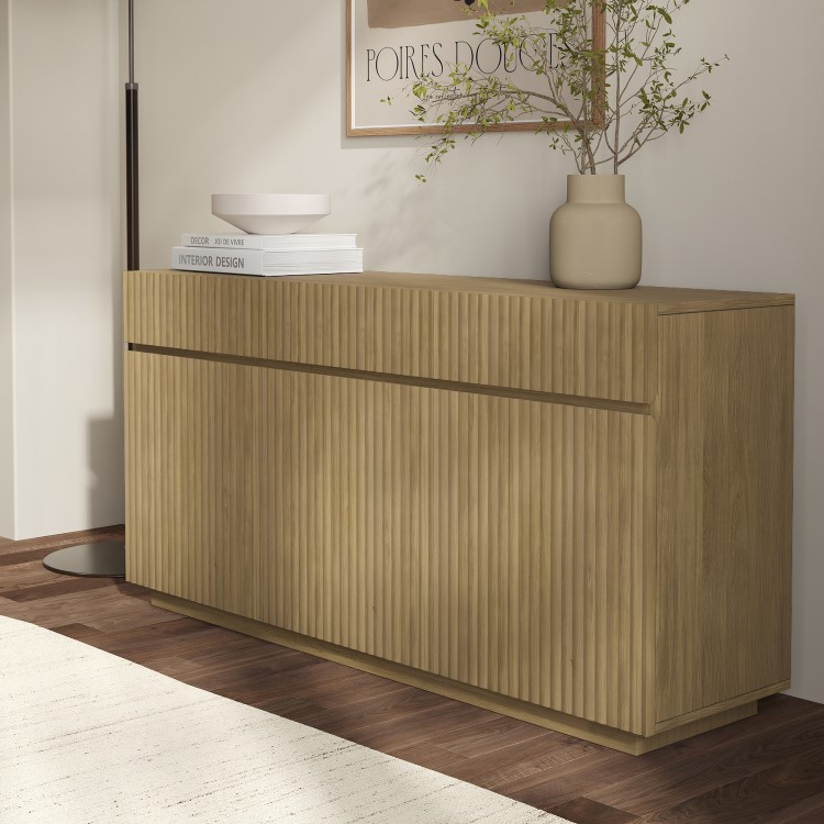 Large Oak Fluted Sideboard with Cupboards and Drawers - Hazel