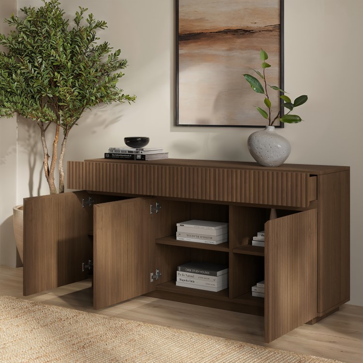 Large Walnut Fluted Sideboard with Cupboards and Drawers - Hazel