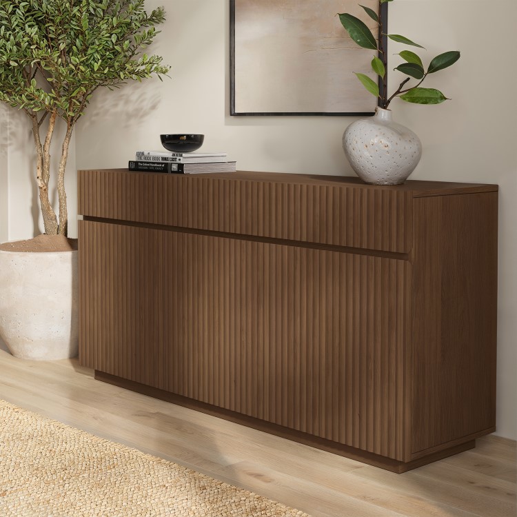 Large Walnut Fluted Sideboard with Cupboards and Drawers - Hazel