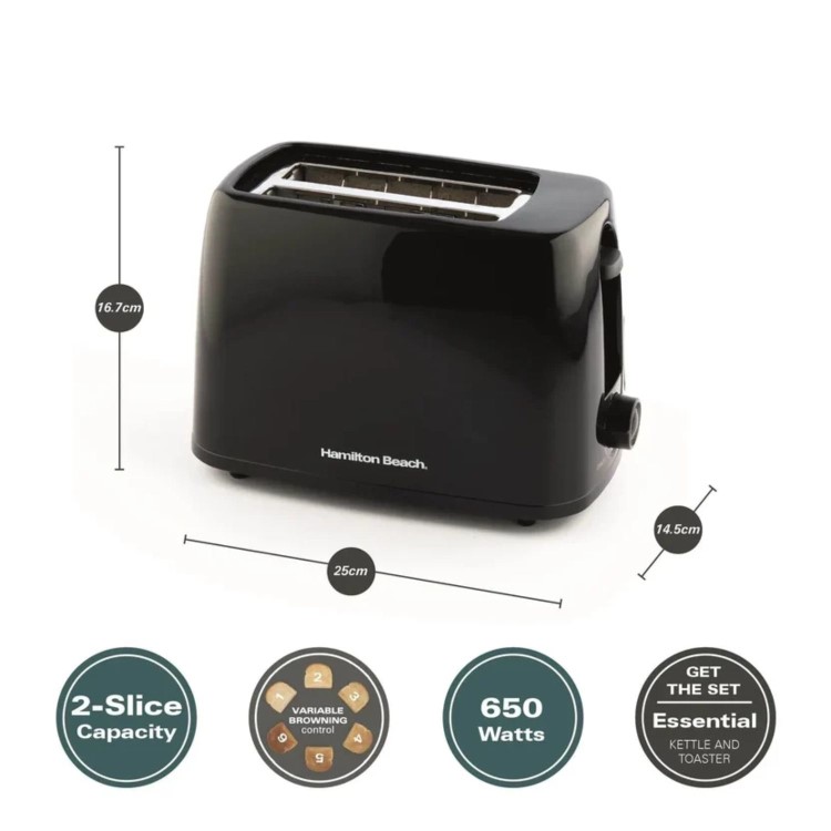 Hamilton Beach HB1116B Essentials 2 Slice Toaster - Black  Wide Slots & Variable Browning