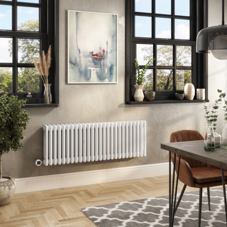 White Horizontal Column Smart Electric Radiator with Wi-Fi Thermostat - 1.2kW - H400xW1190mm - Bathroom Safe