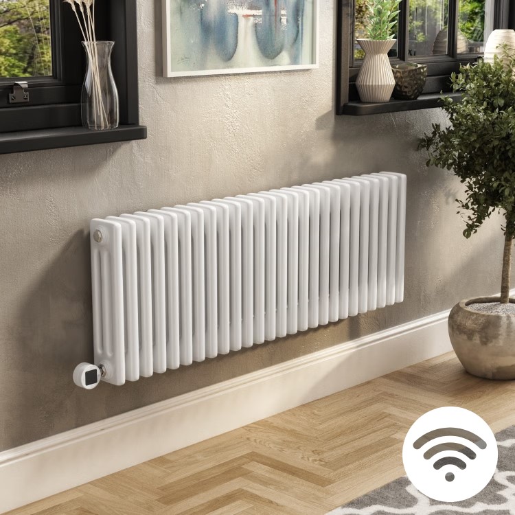 White Horizontal Column Smart Electric Radiator with Wi-Fi Thermostat - 1.2kW - H400xW1190mm - Bathroom Safe
