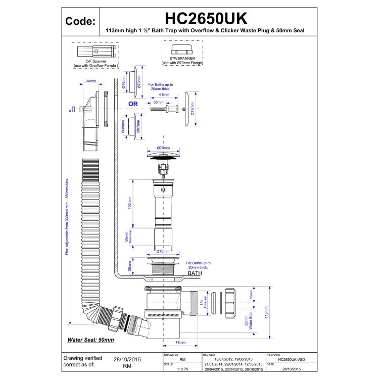 McAlpine Chrome Plated Brass Bath Filler and Overflow Top Access Clicker
