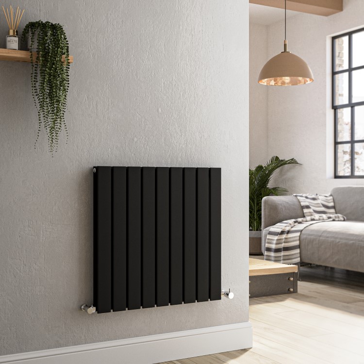 GRADE A1 - Riace Midnight Black Horizontal Flat Designer Radiator 600x612mm Double Panel 2313 BTU