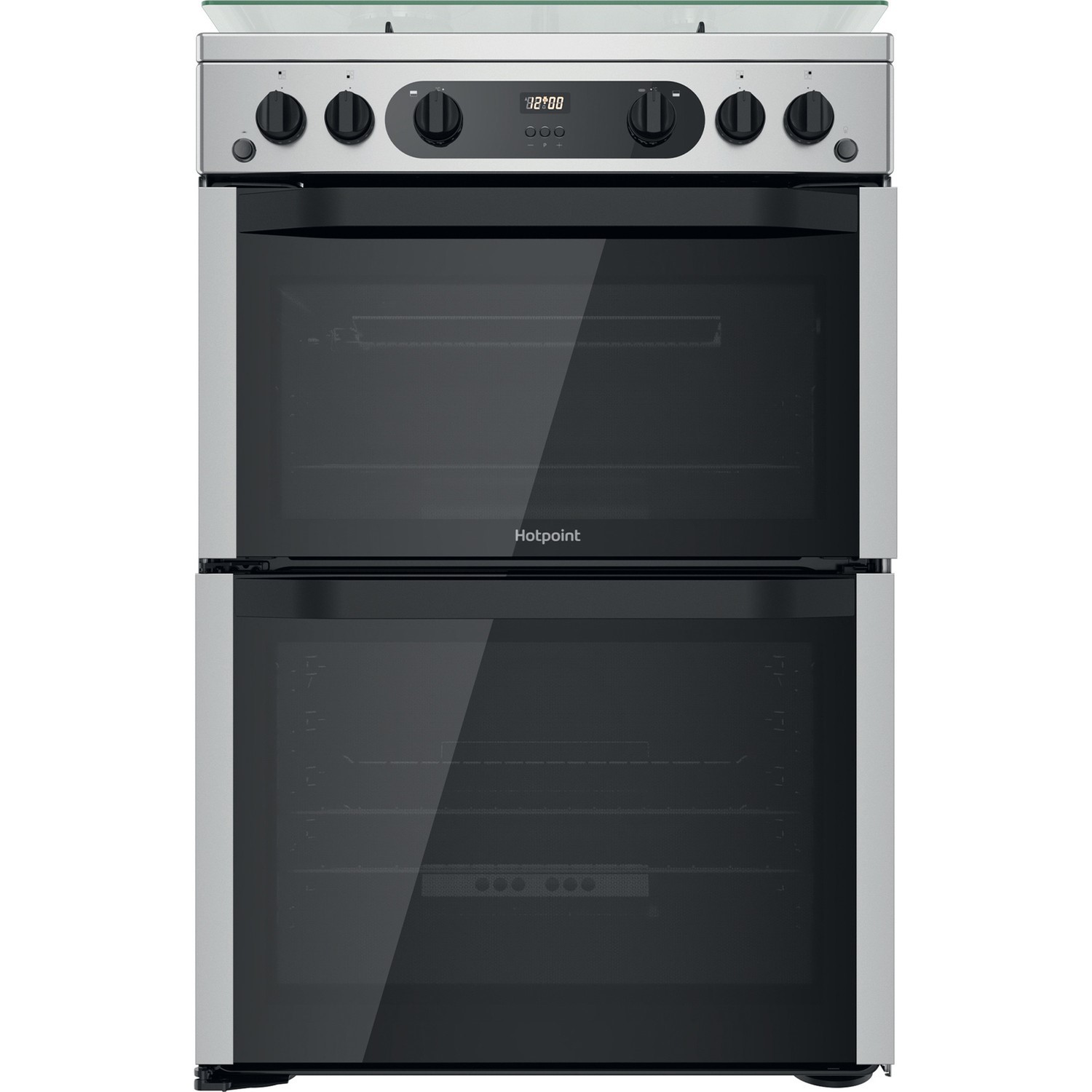 Hotpoint 60cm Double Oven Gas Cooker with Assisted Cleaning & Lid - Stainless Steel