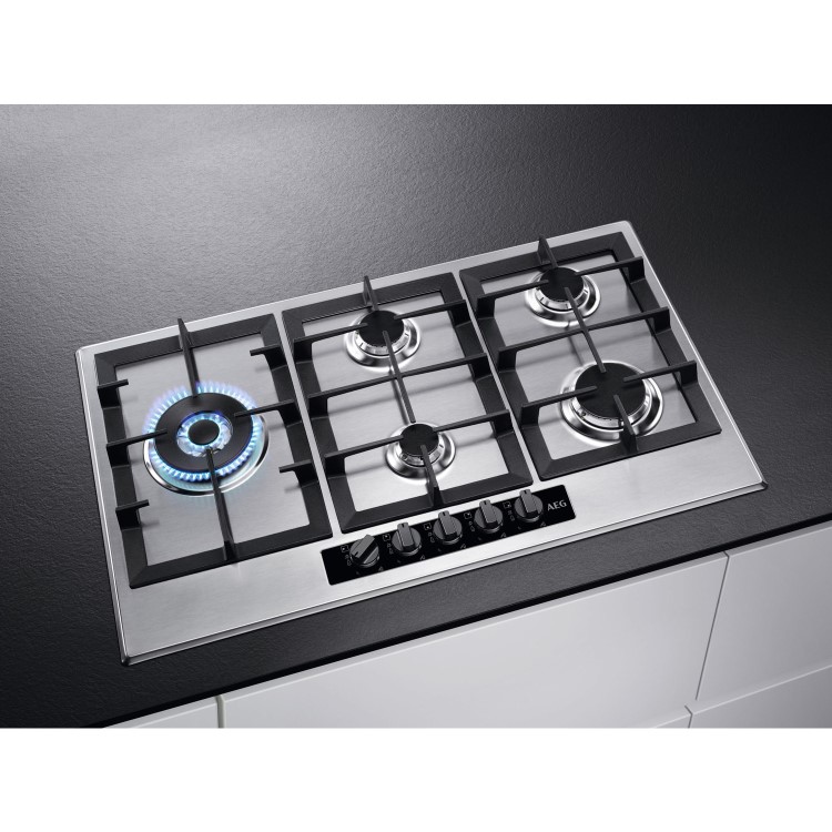Refurbished AEG HGB95520YM 86cm 5 Burner Gas Hob With Cast Iron Pan Stands Stainless steel
