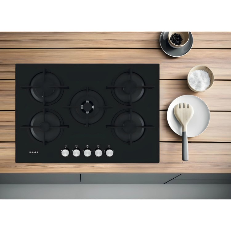 Hotpoint 73cm Gas on Glass 5 Burner Gas Hob - Black Glass