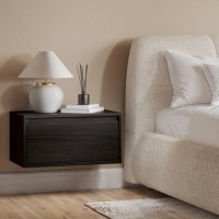 Wide Black Floating Bedside Table with Storage - Hiro
