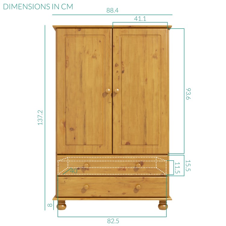 Hamilton 2 Door 2 Drawer Combi Short Wardrobe in Pine