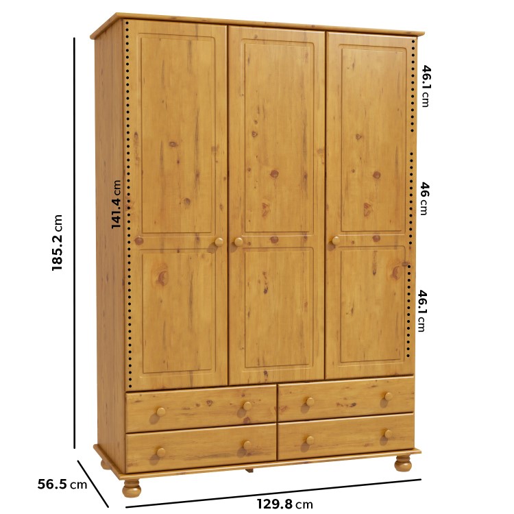 Pine 3 Door Triple Wardrobe with Drawers - Hamilton