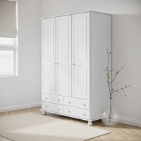 White Painted Pine 3 Door Triple  Wardrobe with Drawers - Hamilton