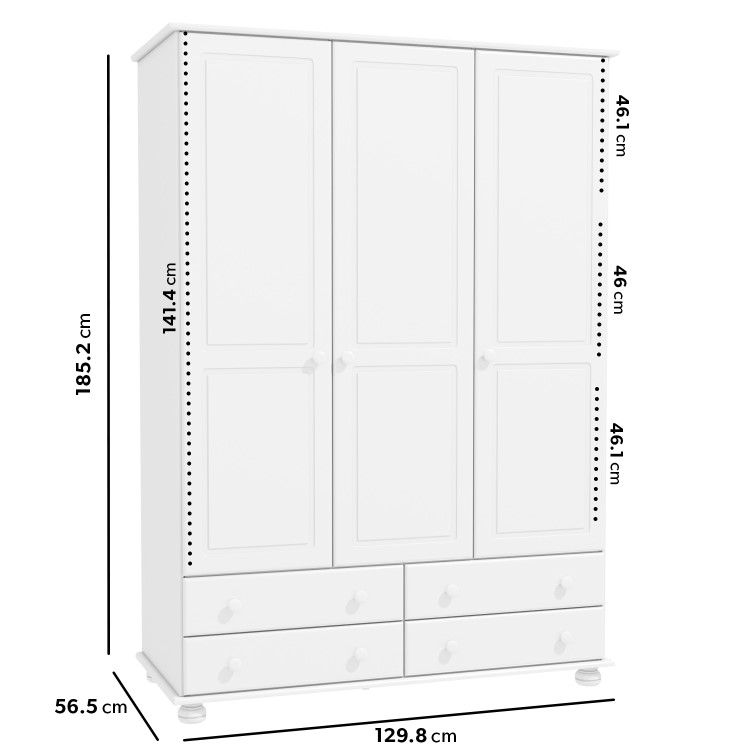 White Painted Pine 3 Door Triple  Wardrobe with Drawers - Hamilton