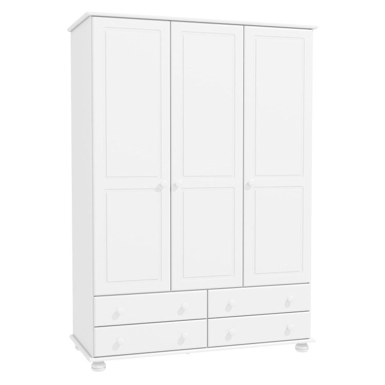 White Painted Pine 3 Door Triple  Wardrobe with Drawers - Hamilton