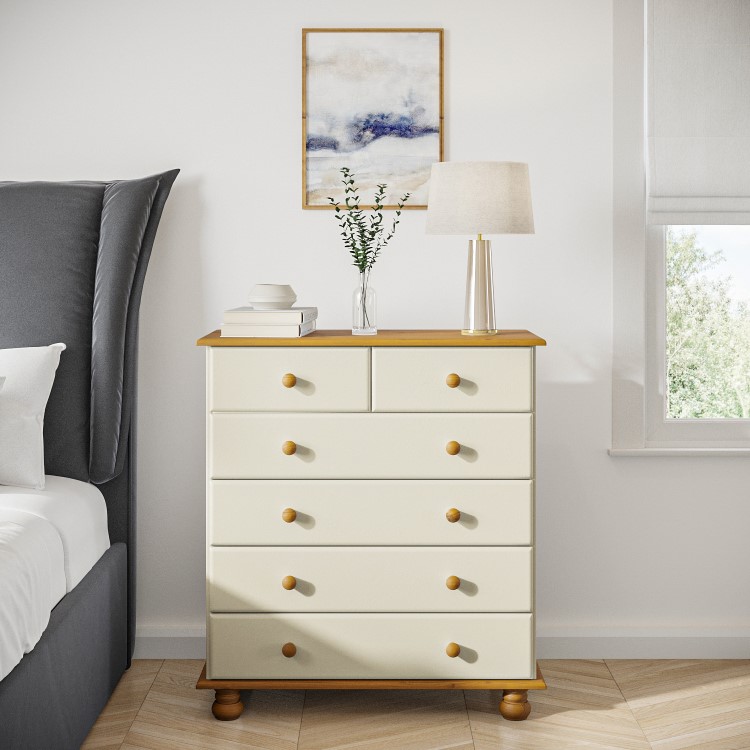 Cream and Pine Chest of 6 Drawers - Hamilton