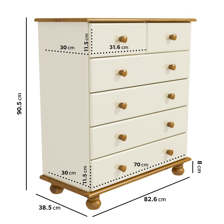 Cream and Pine Chest of 6 Drawers - Hamilton